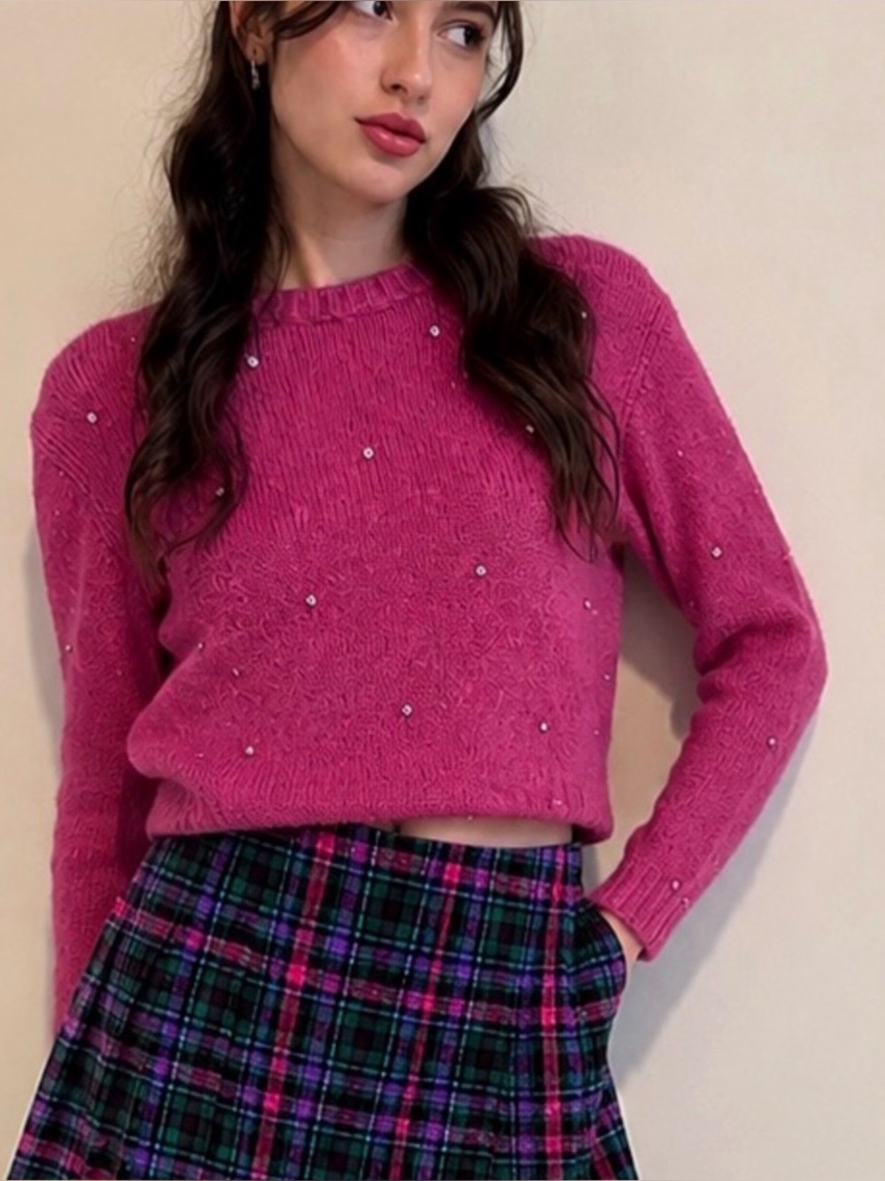 Say What Pink Rhinestone Alpaca Blend Cropped Sweater Size M Y2K Barbiecore